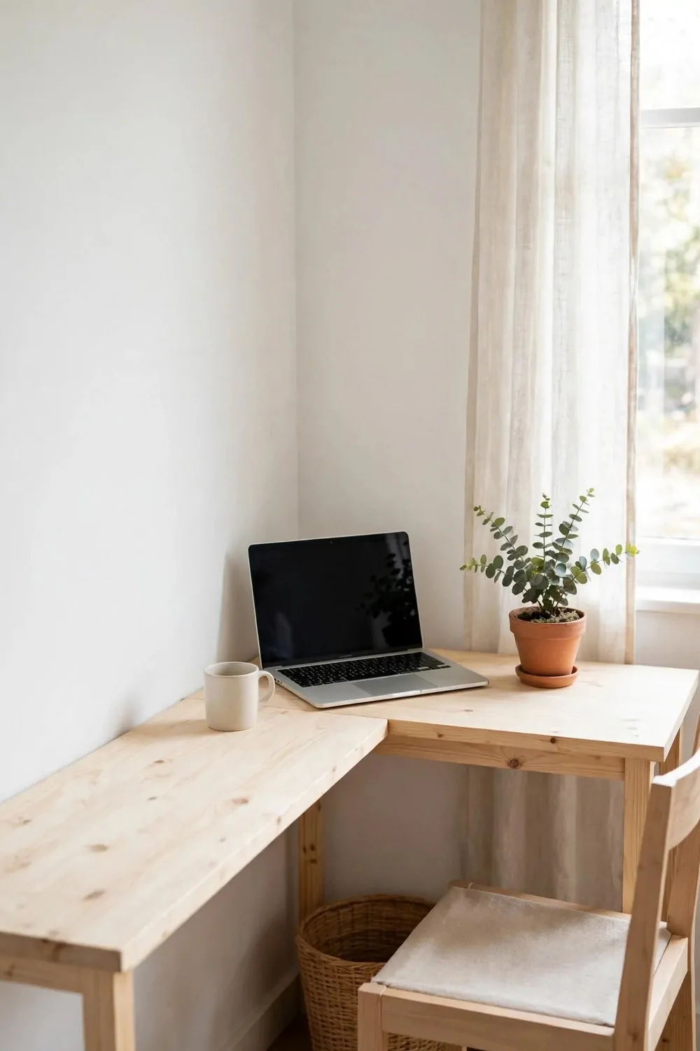 20 Ikea Office Ideas Workspaces You Can Build on a Budget 9 Two plain boards joined in an L shape in a room corner forming a desk, laptop in the corner
