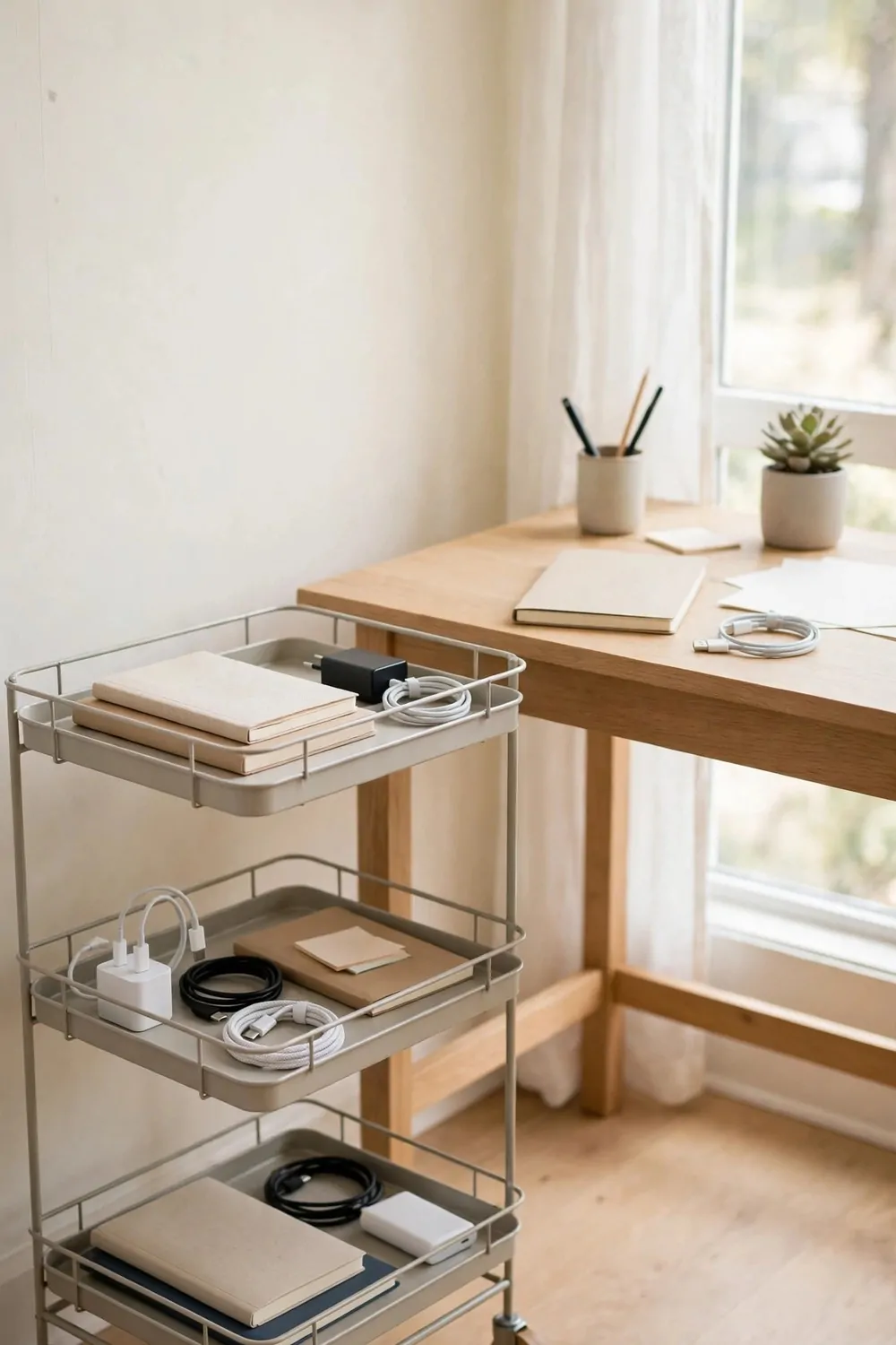 20 Ikea Office Ideas Workspaces You Can Build on a Budget 10 A small rolling cart with three trays beside a desk, chargers and notebooks on the trays