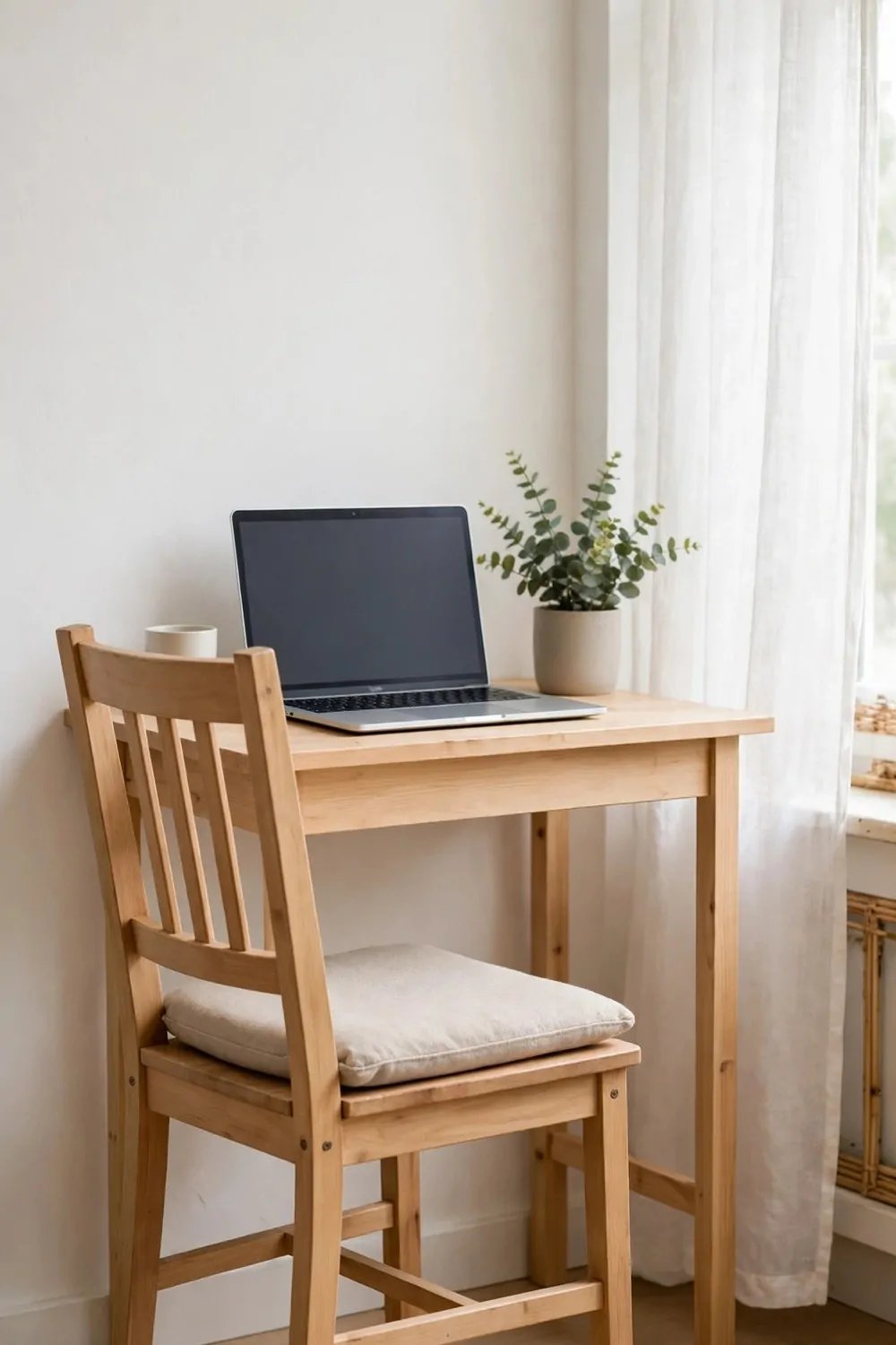 20 Ikea Office Ideas Workspaces You Can Build on a Budget 11 A simple wooden dining chair with a flat cushion at a small desk, laptop on the desk