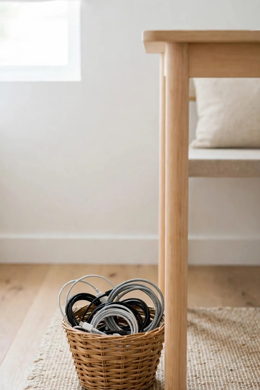 20 Ikea Office Ideas Workspaces You Can Build on a Budget 12 A small basket on the floor beside a desk leg holding loosely coiled cables