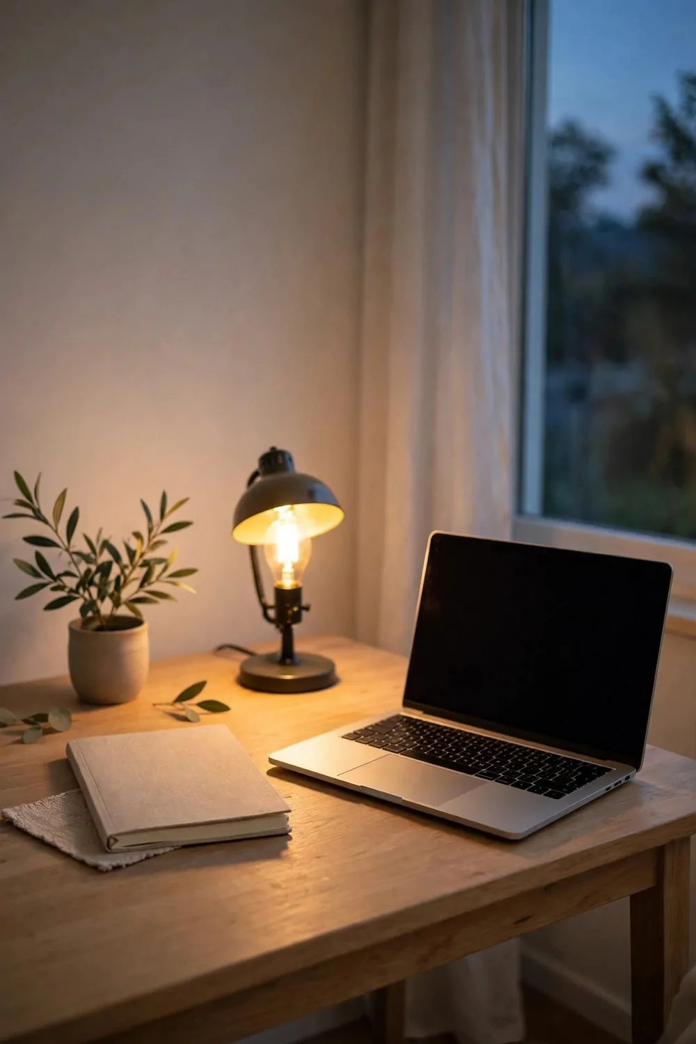 20 Ikea Office Ideas Workspaces You Can Build on a Budget 13 A small desk lamp with a warm glow on a desk at dusk, laptop and notebook beside it