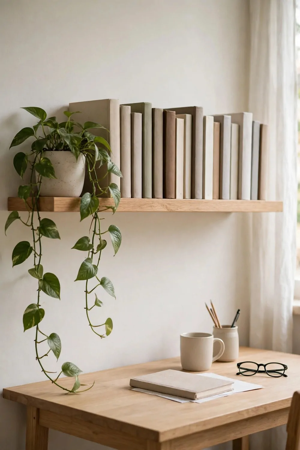 20 Ikea Office Ideas Workspaces You Can Build on a Budget 14 A shelf above a desk with a trailing green plant and a row of books