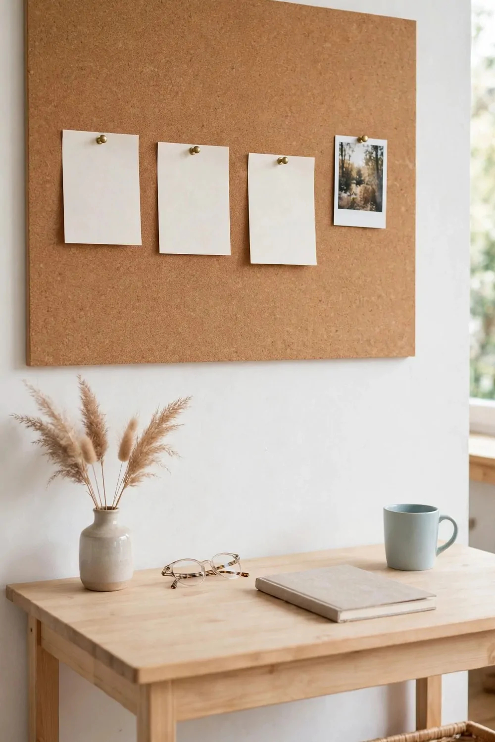 20 Ikea Office Ideas Workspaces You Can Build on a Budget 15 A cork pinboard on the wall above a desk with three pinned notes and a small photo