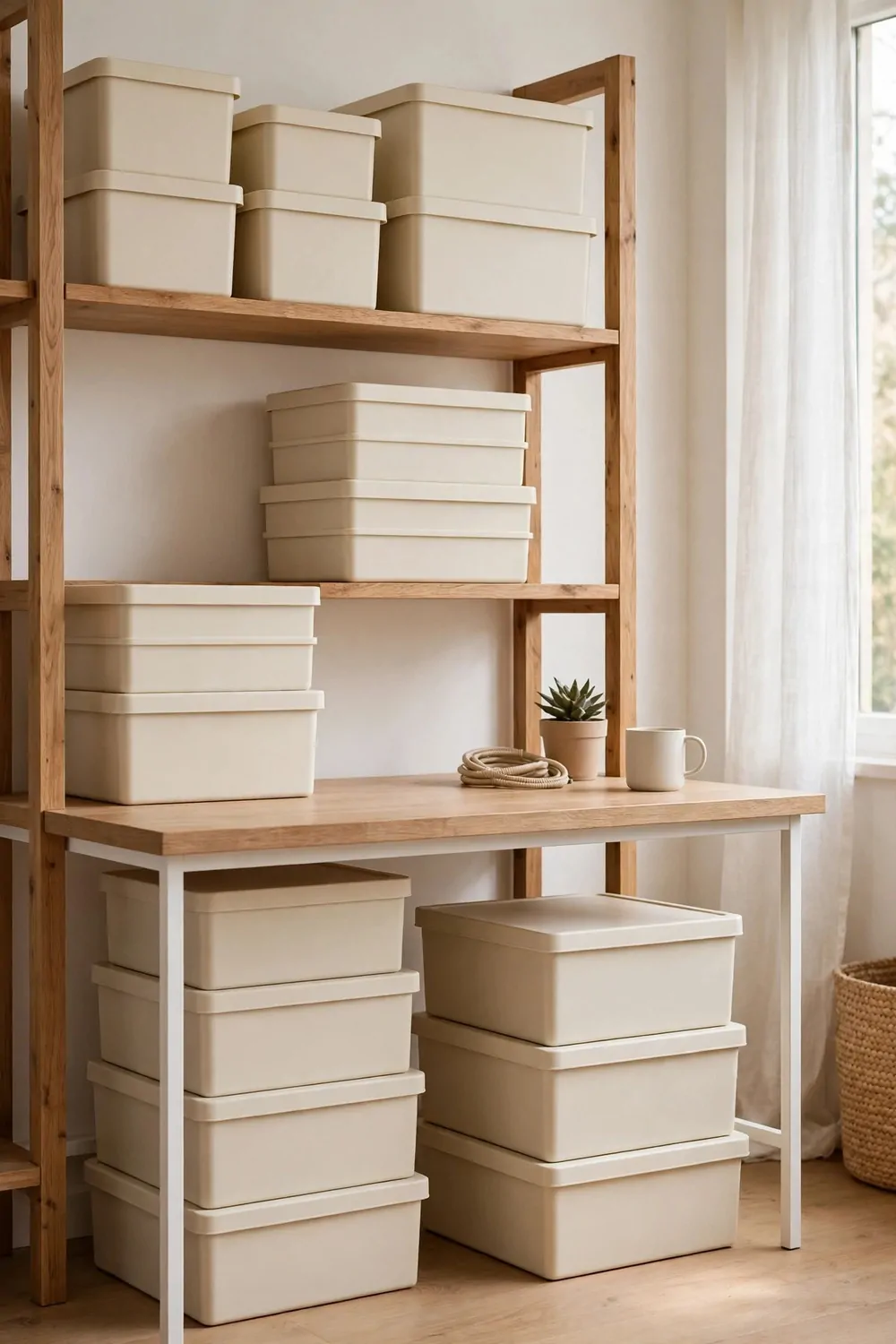 20 Ikea Office Ideas Workspaces You Can Build on a Budget 16 Matching plain storage boxes with lids stacked on shelves and under a desk