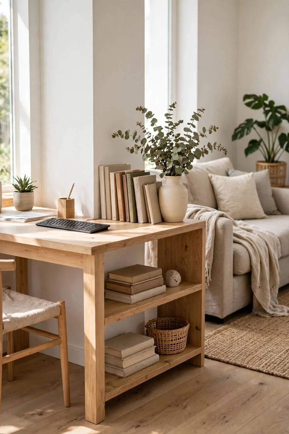 20 Ikea Office Ideas Workspaces You Can Build on a Budget 17 A low open shelf standing between a desk area and a living room area, books and a vase on it