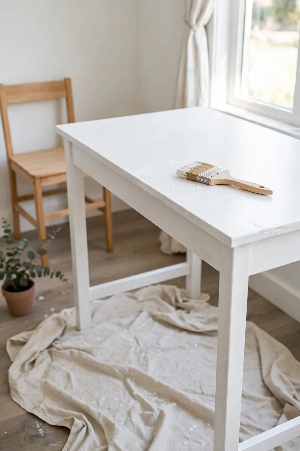 20 Ikea Office Ideas Workspaces You Can Build on a Budget 18 A freshly painted white wooden desk with a paintbrush and a drop cloth on the floor