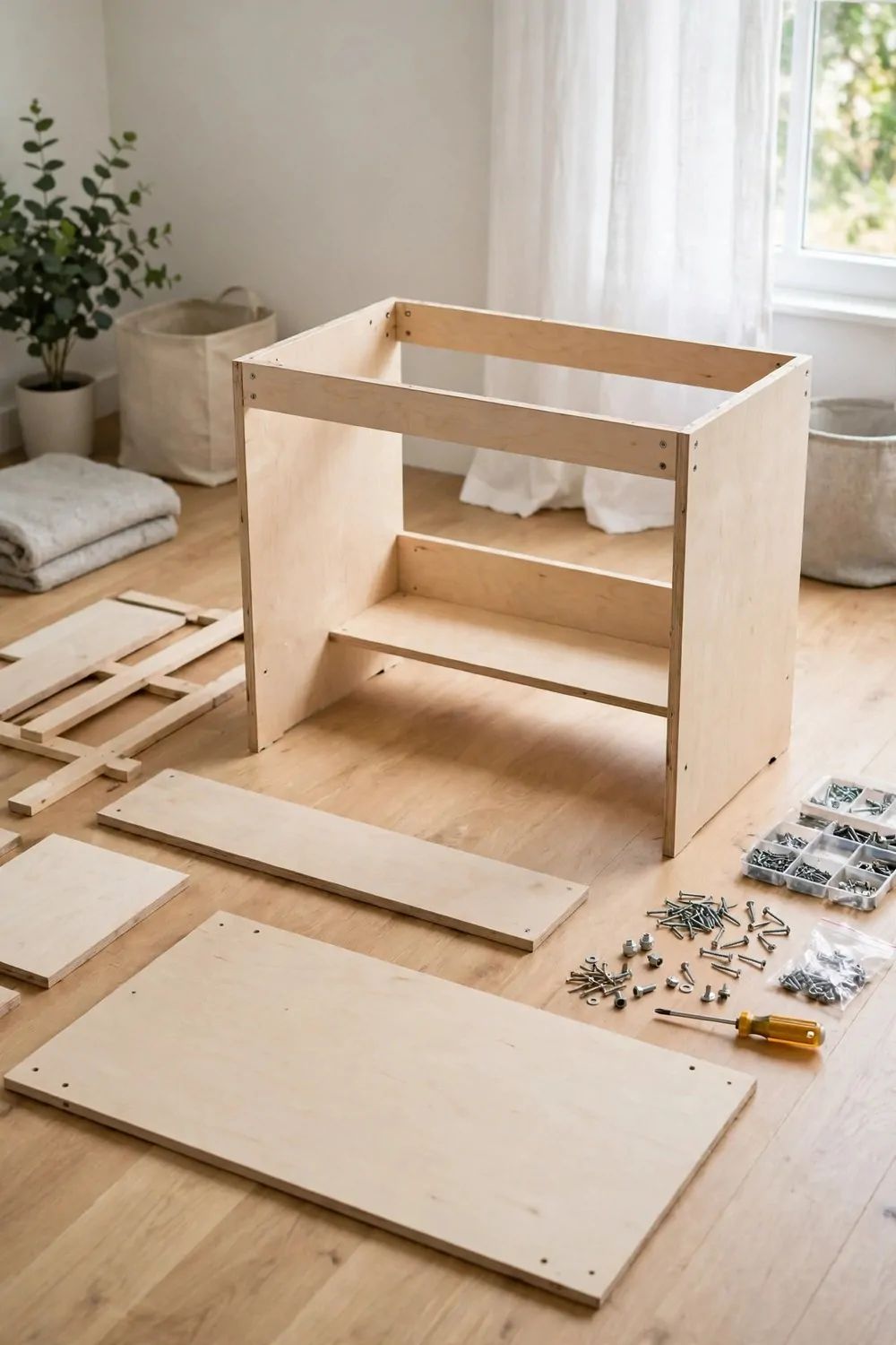 20 Ikea Office Ideas Workspaces You Can Build on a Budget 19 Flat-pack desk parts laid out neatly on a floor with a screwdriver and screws, desk half built
