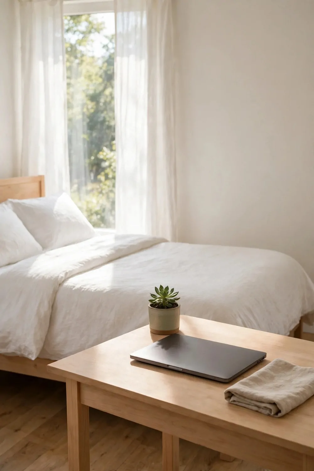 20 Ikea Office Ideas Workspaces You Can Build on a Budget 20 A tidy cleared desk with a closed laptop, small plant and a cloth, freshly made bed nearby