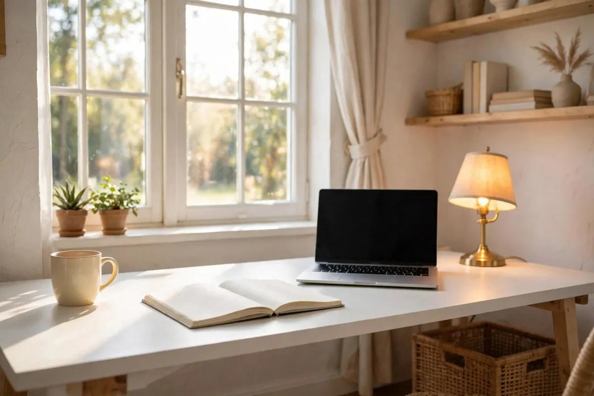 A bright tidy home office with a white desk that has an open notebook, warm glowing desk lamp, mug on the left corner, laptop on the desk, small plants on the windowsill, morning light through a window