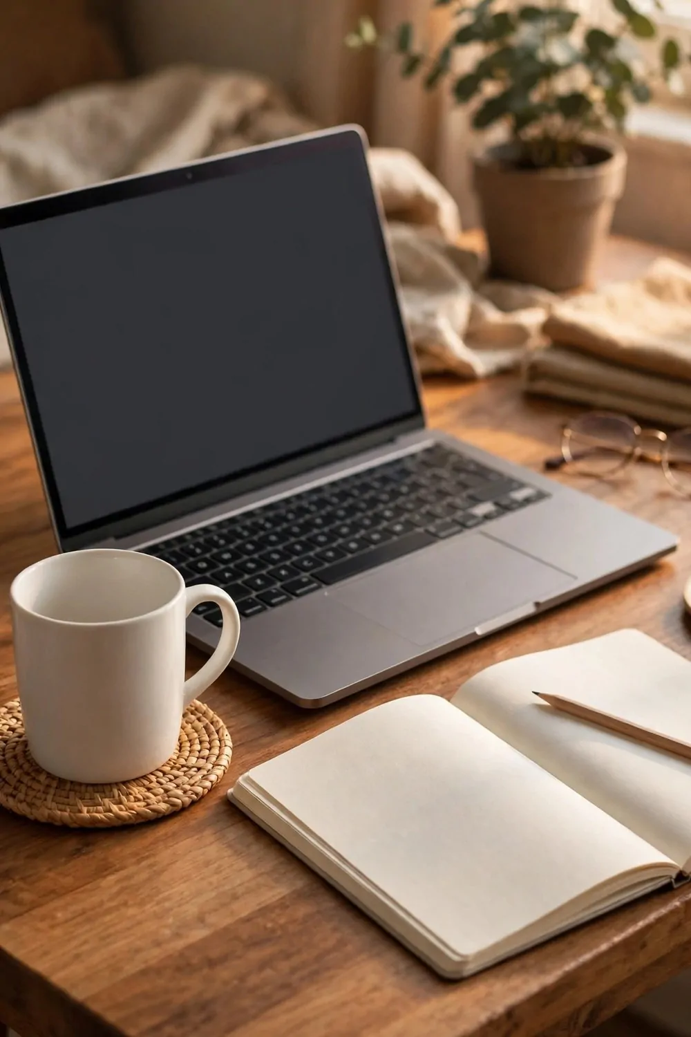 A white mug on a coaster on the left corner of a wood desk, laptop beside it, open notebook, warm light