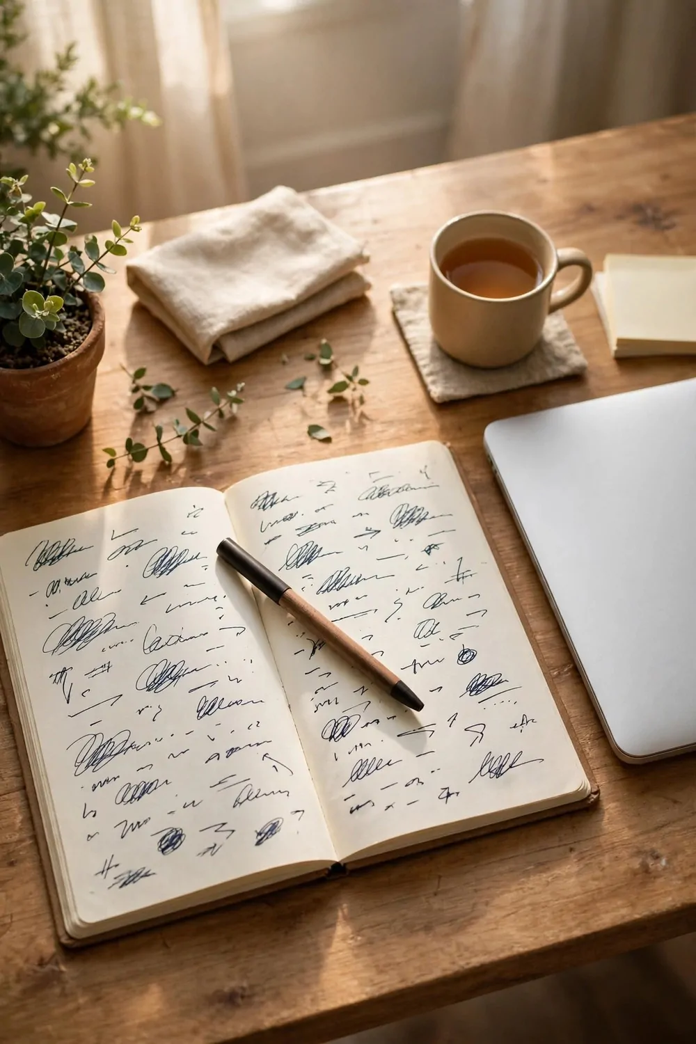 An open notebook with handwritten notes beside a laptop on a wood desk, pen lying across the pages, morning light
