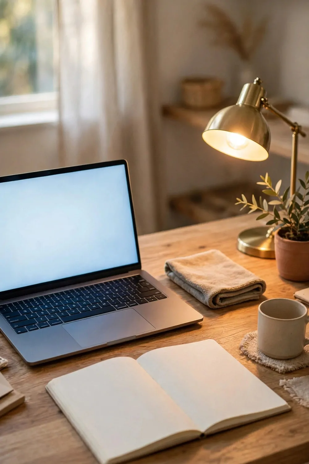 A tidy wood desk in the morning, laptop screen glowing, dry cloth beside it, open notebook, warm lamp glowing