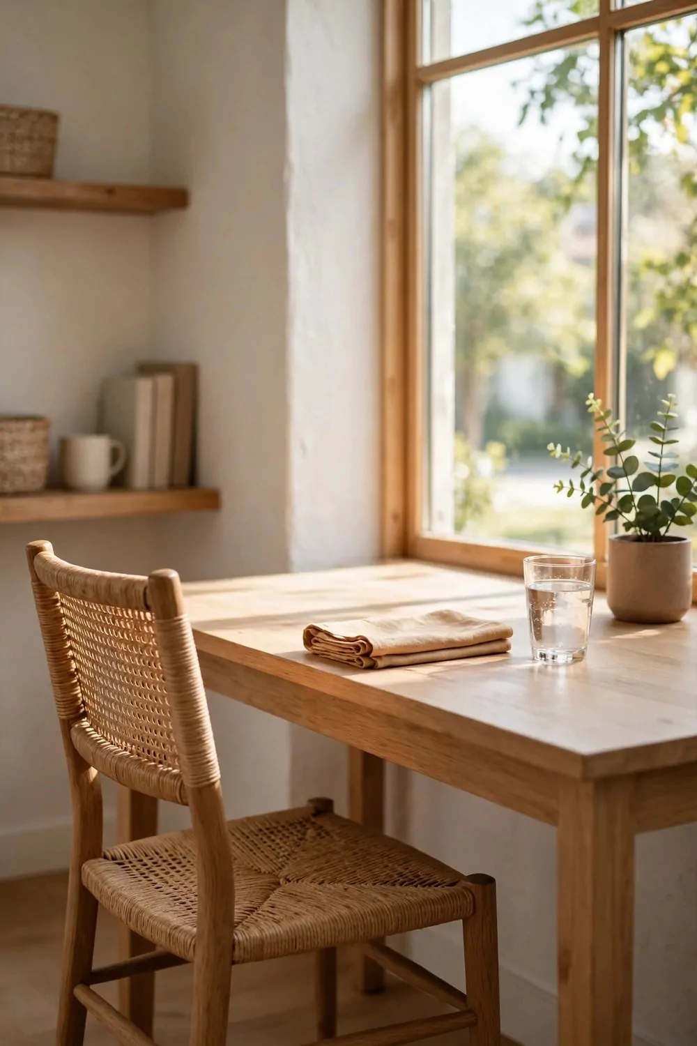 A quiet lunch spot by a window, empty chair, cleared desk, glass of water, bright daylight