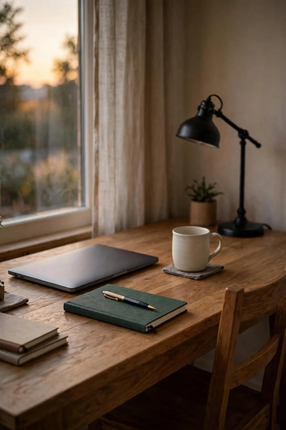 A tidy desk at the end of the day, laptop closed, notebook shut with a pen on top, mug on its spot, lamp off, chair pushed in, calm evening light