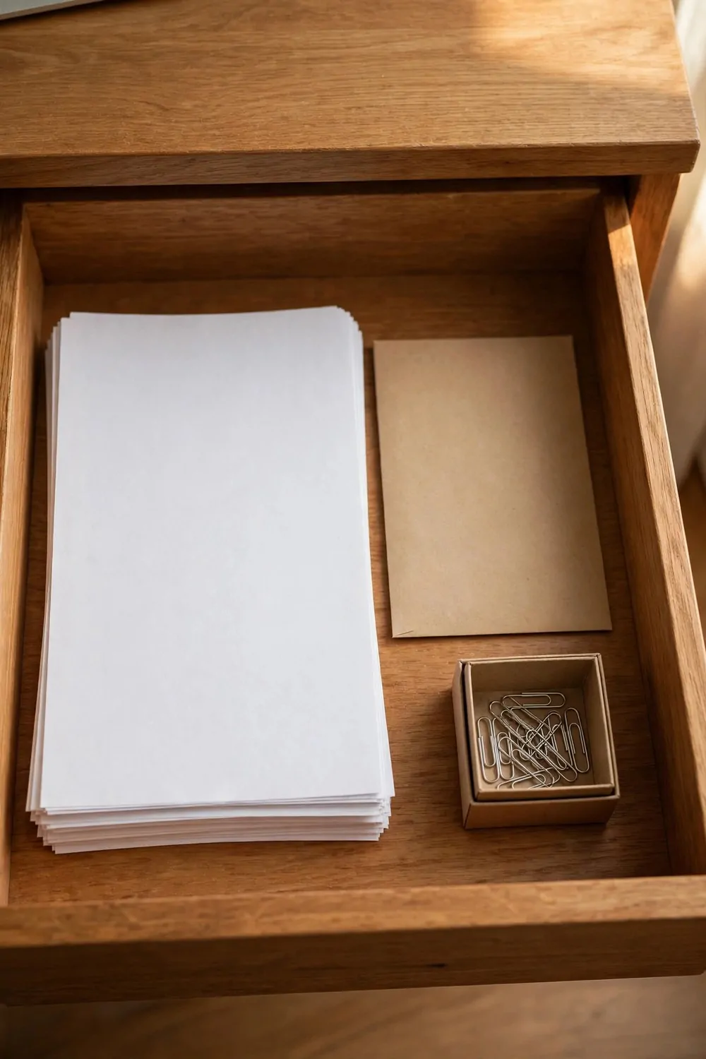 A desk drawer open showing only today's papers neatly stacked, one envelope, small box with a paperclip, tidy