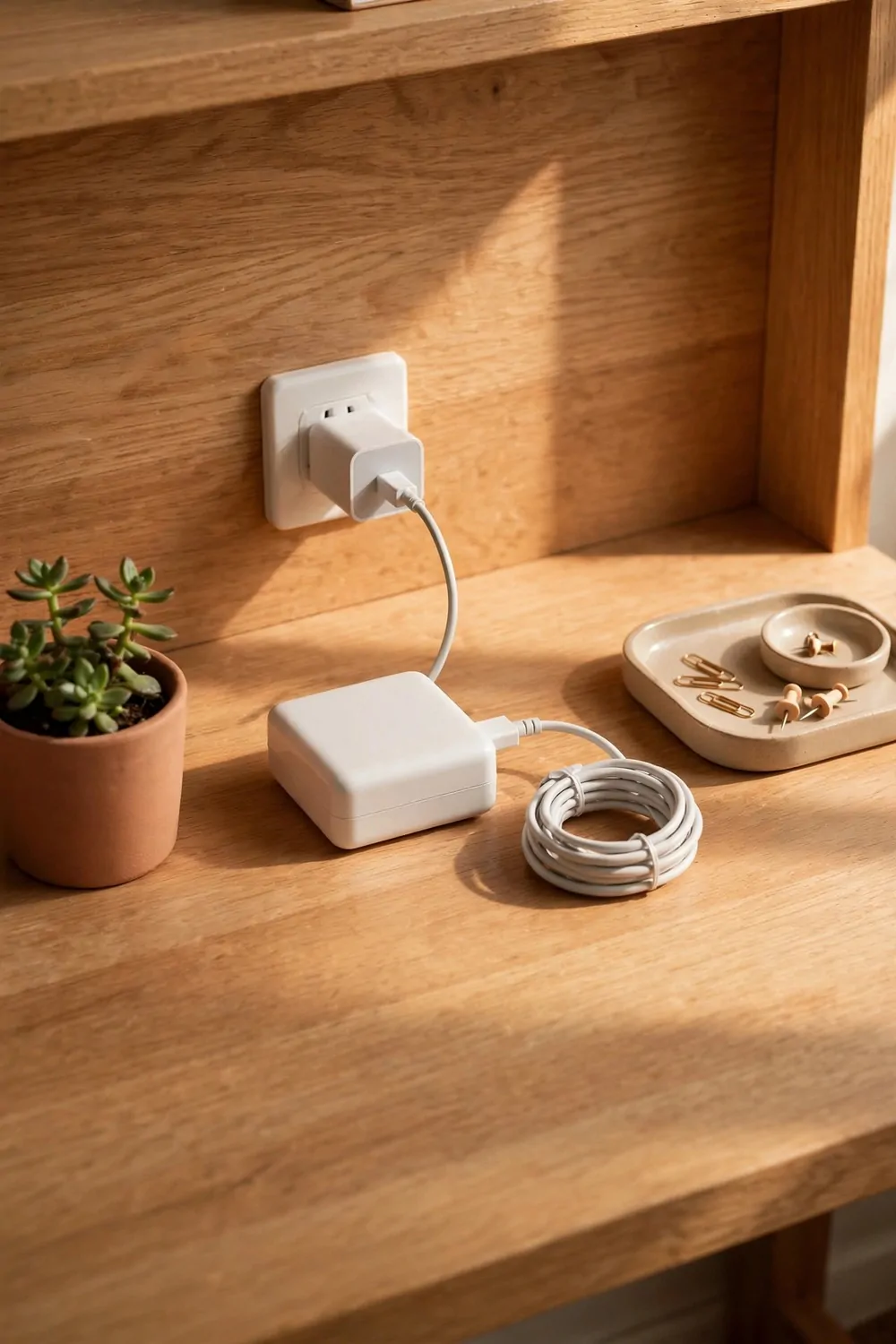A laptop charger plugged in at one fixed spot on a wood desk, short cable neatly coiled, small tray, tidy desk