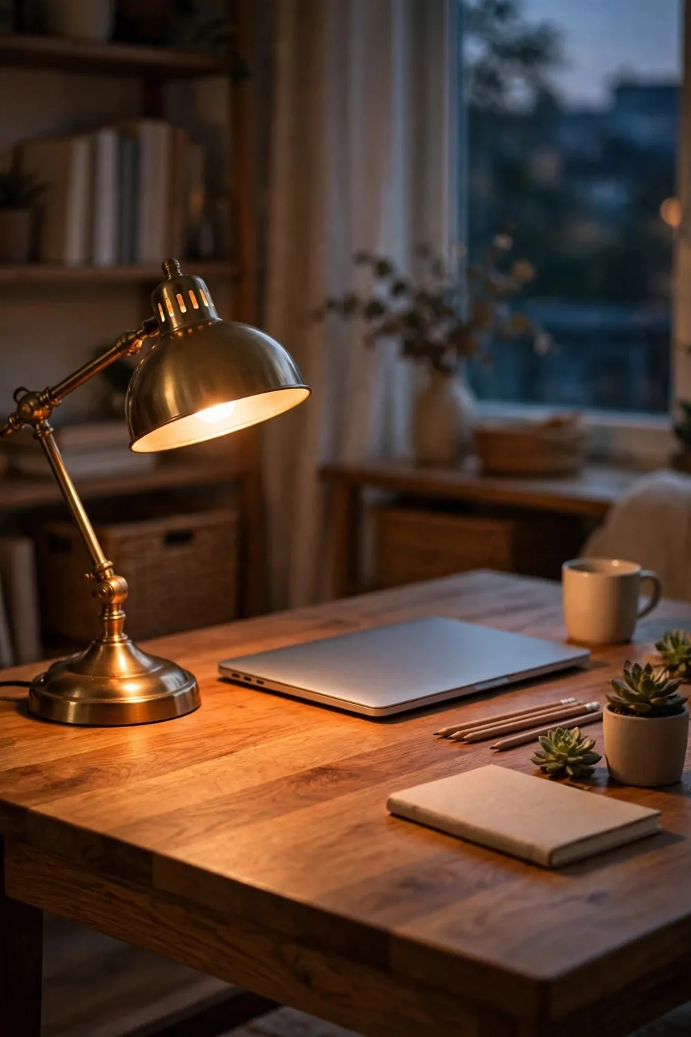 A warm desk lamp glowing amber on a wood desk at dusk, laptop beside it, soft warm light pool on the desk