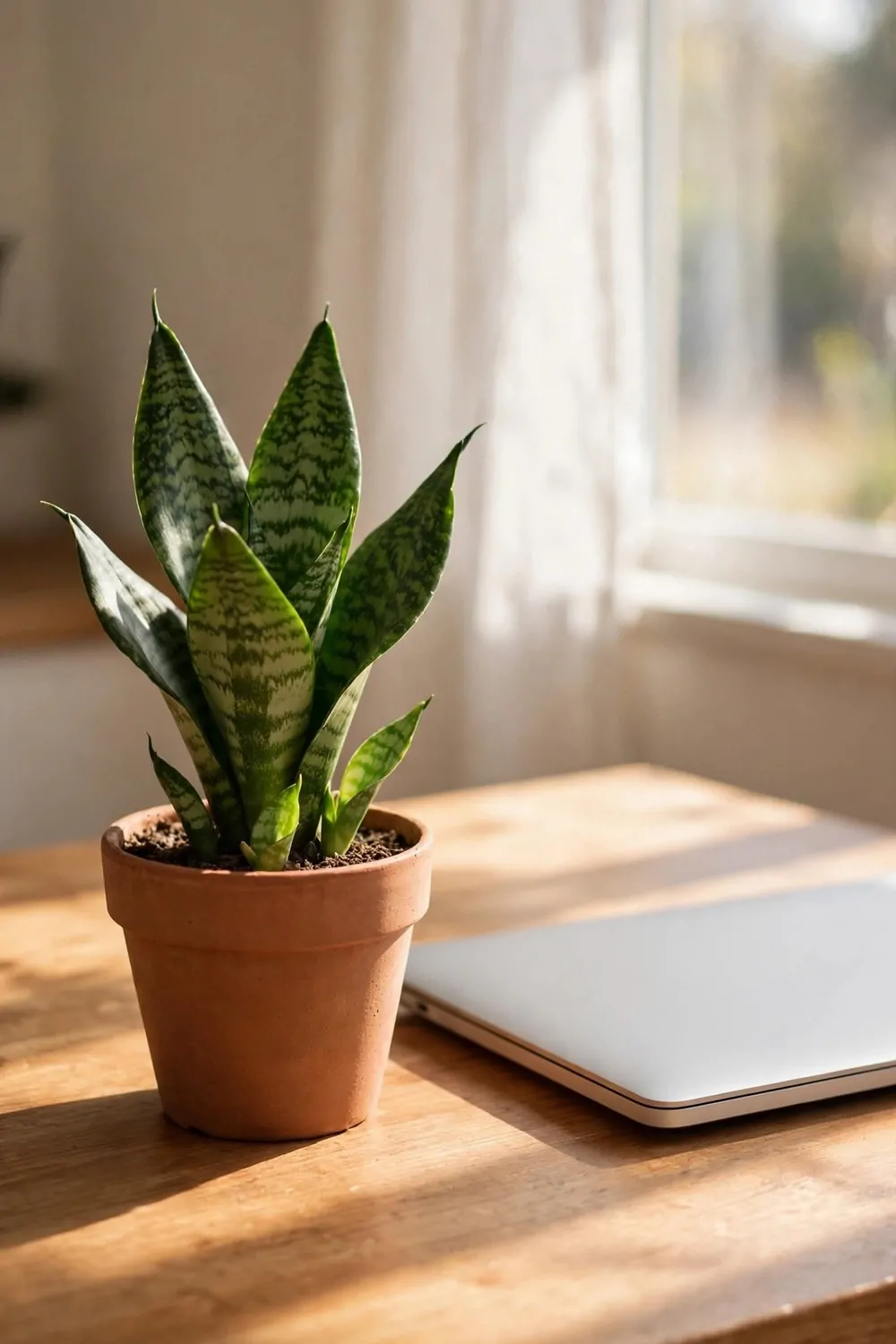 A small snake plant in a plain terracotta pot on a wood desk, closed laptop beside it, bright window light