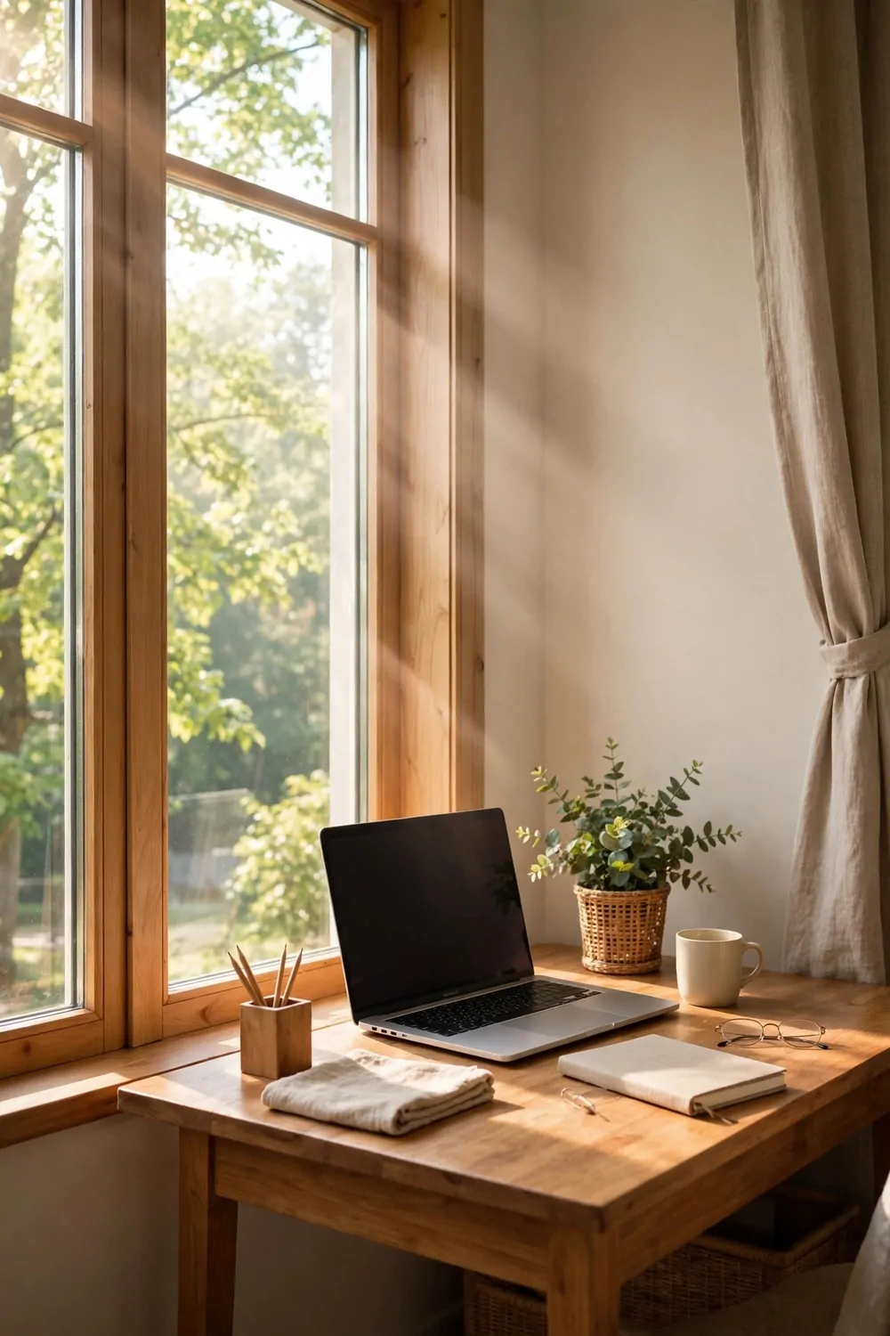 A bright window beside a wood desk, laptop on the desk, view of trees outside, morning light