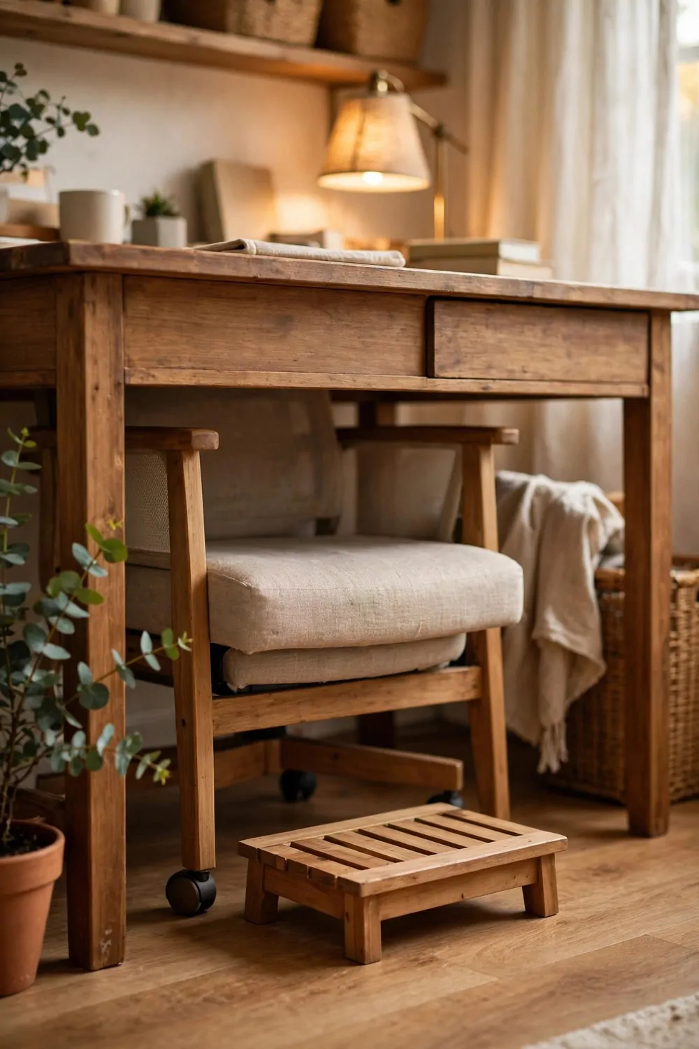 A small wooden footrest under a wood desk, chair pushed in, tidy office, warm light
