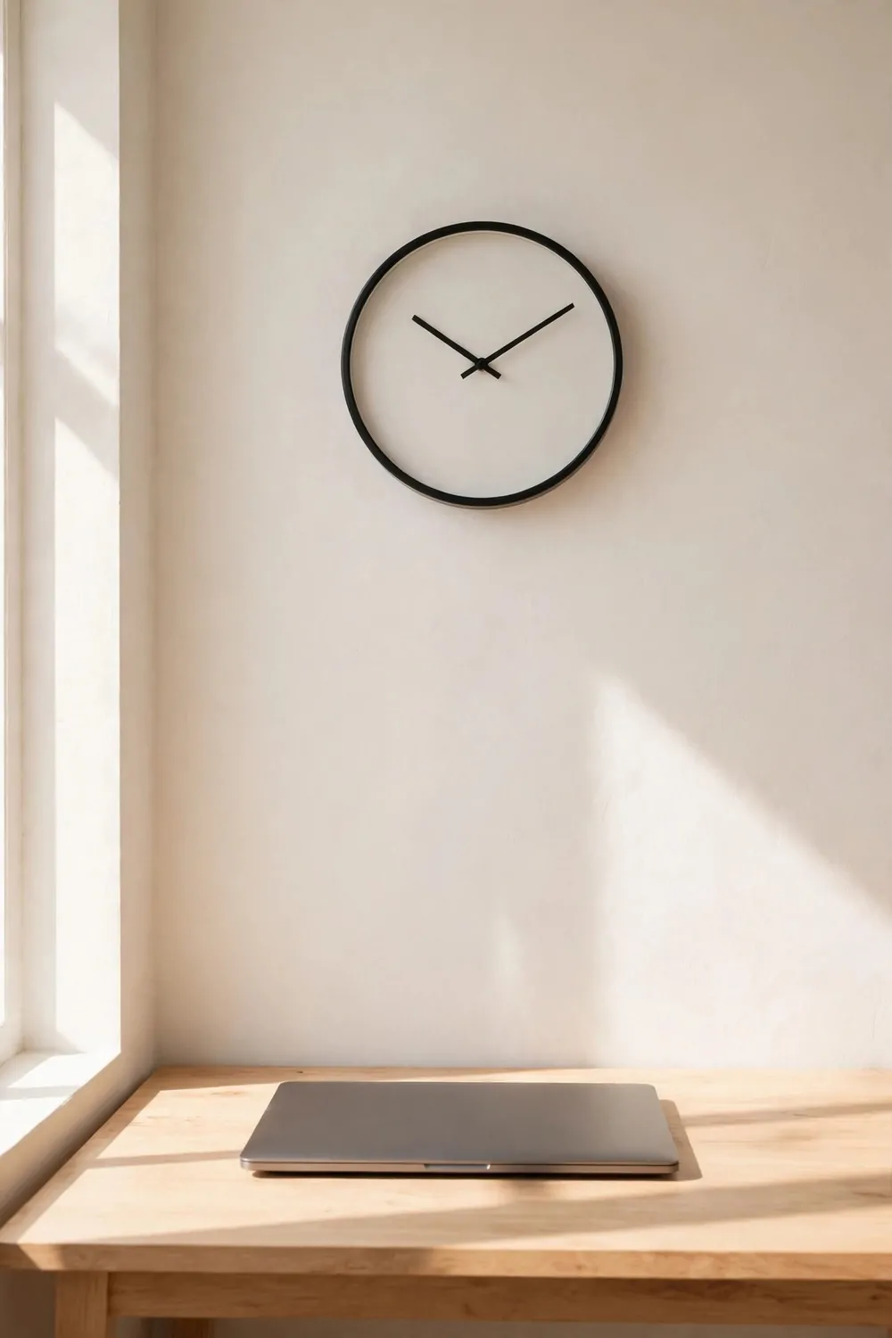 A simple round wall clock with black hands above a wood desk, laptop below, bright tidy office