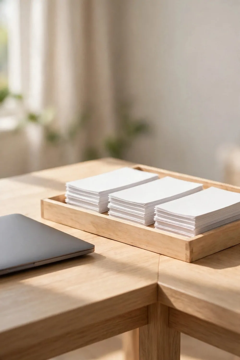 A wood letter tray on the corner of a desk with three neat stacks of paper, laptop beside it, tidy office
