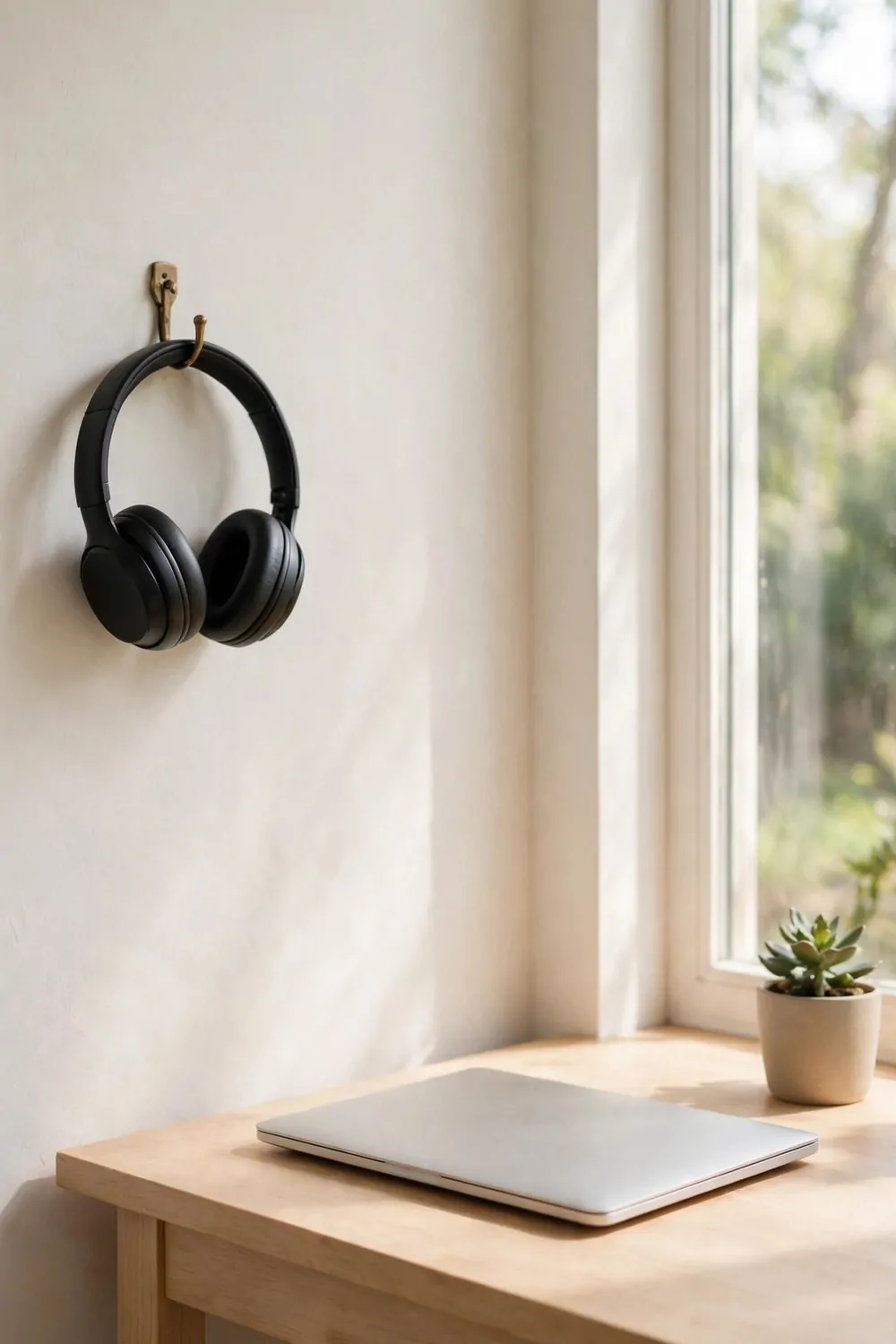 Black headphones hanging on a small hook beside a wood desk, laptop on the desk, tidy office