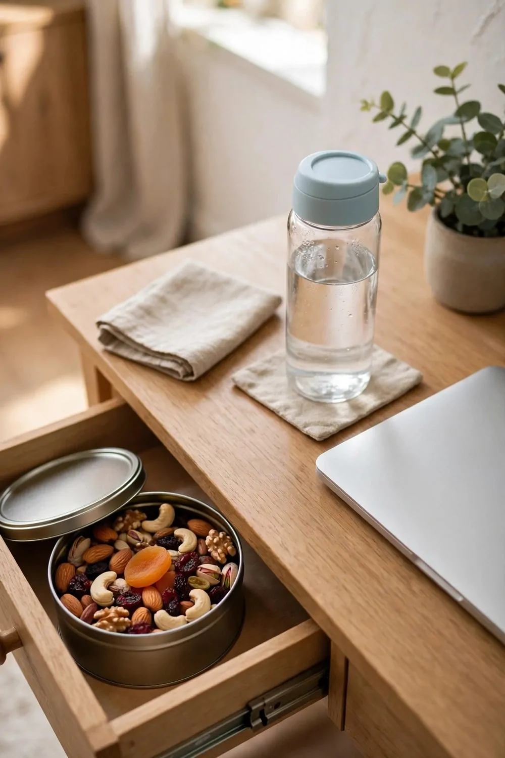 A small open desk drawer with nuts and dried fruit in a tin, water bottle with a lid on the desk, laptop beside it