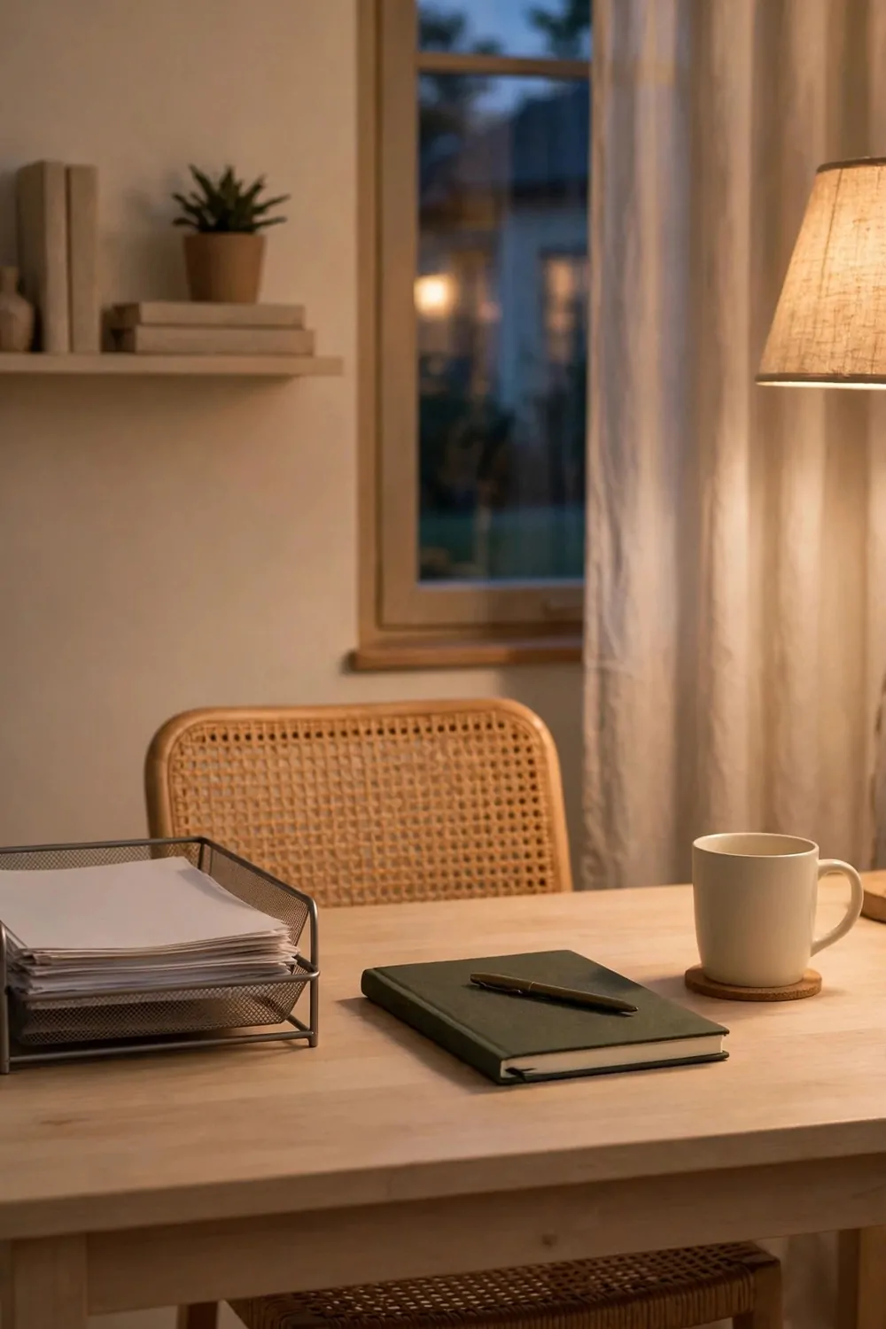 A tidy wood desk in the evening, papers in the tray, pen on the notebook, mug on its spot, chair pushed in, calm light