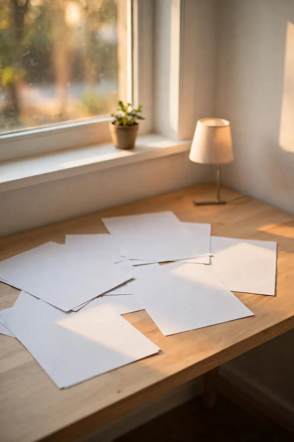 A wood desk in the afternoon, lamp moved to the other side, papers spread out, plant on the windowsill, warm light