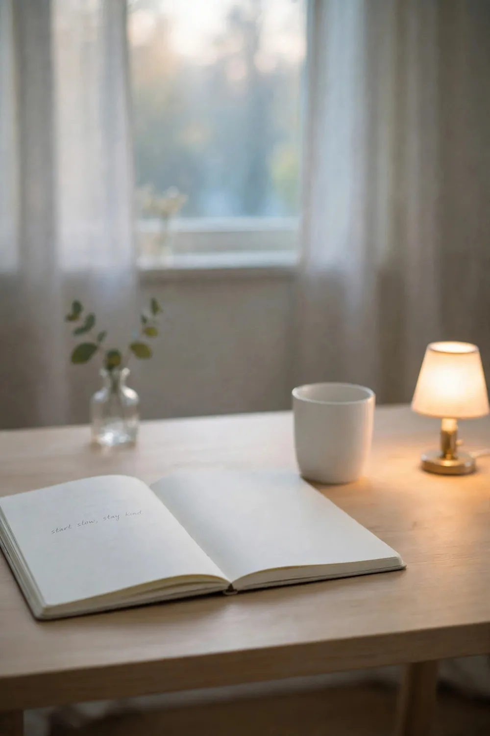 An open notebook on a wood desk in the early morning, one line of handwriting, mug beside it, lamp glowing, calm light