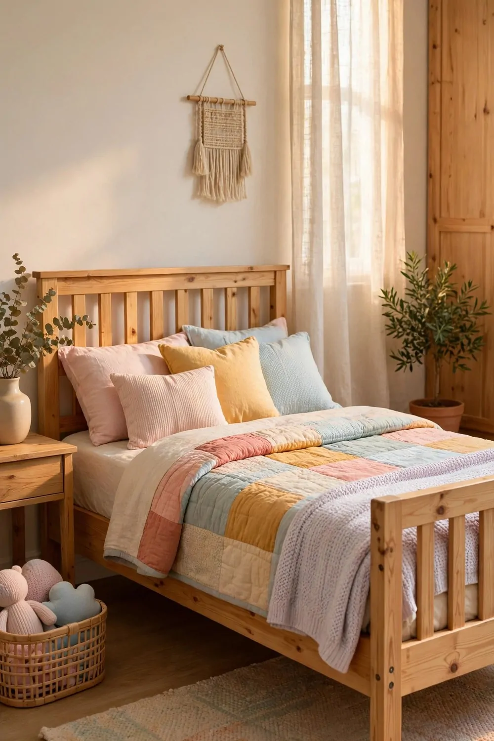 20 Kids Bedroom Ideas That Grow With Your Child 1 A wooden kids bed with soft colorful bedding in a bright bedroom, warm light, tidy and calm