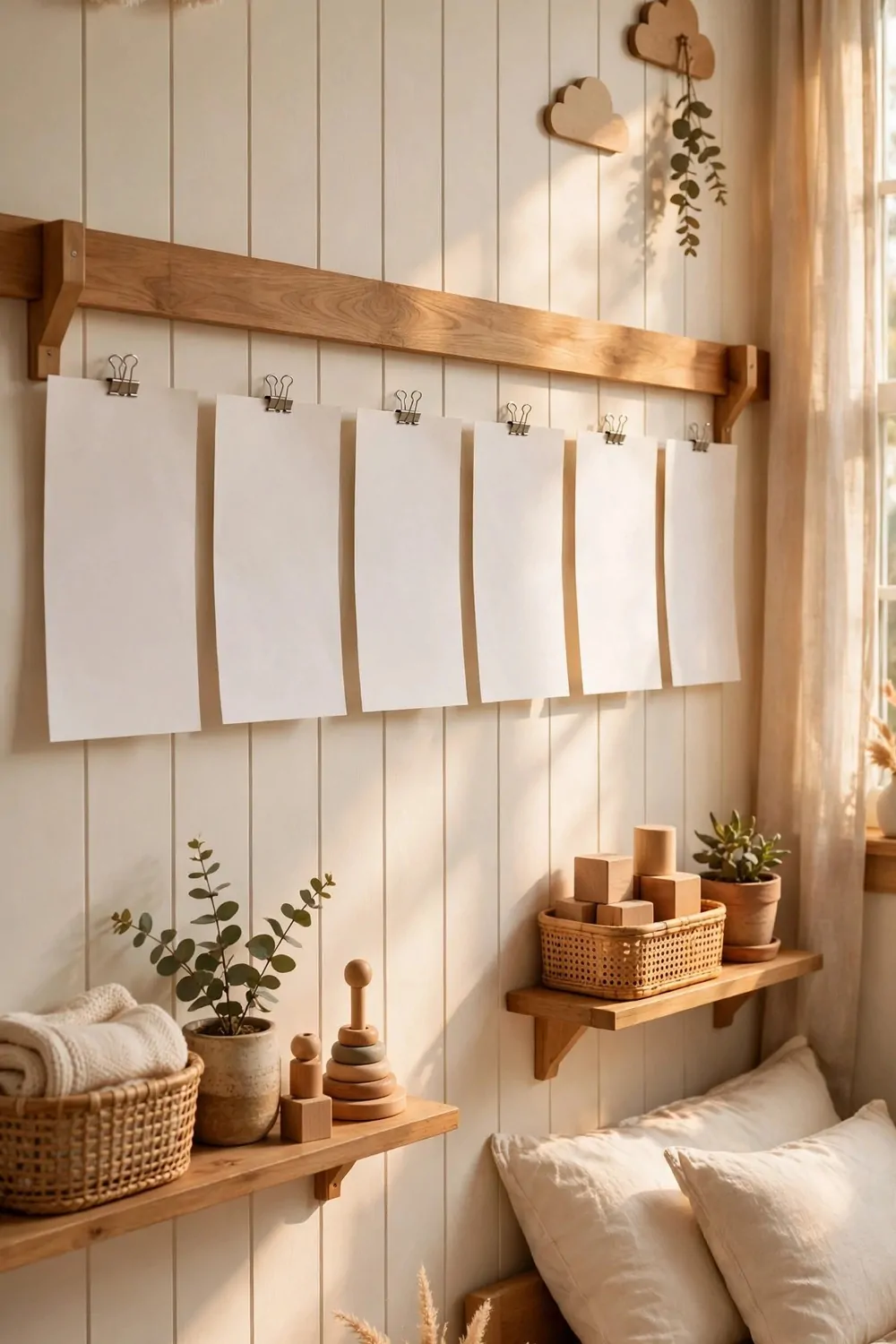 20 Kids Bedroom Ideas That Grow With Your Child 2 A kids art wall with blank paper pictures clipped to a wooden rail, warm light, bright bedroom