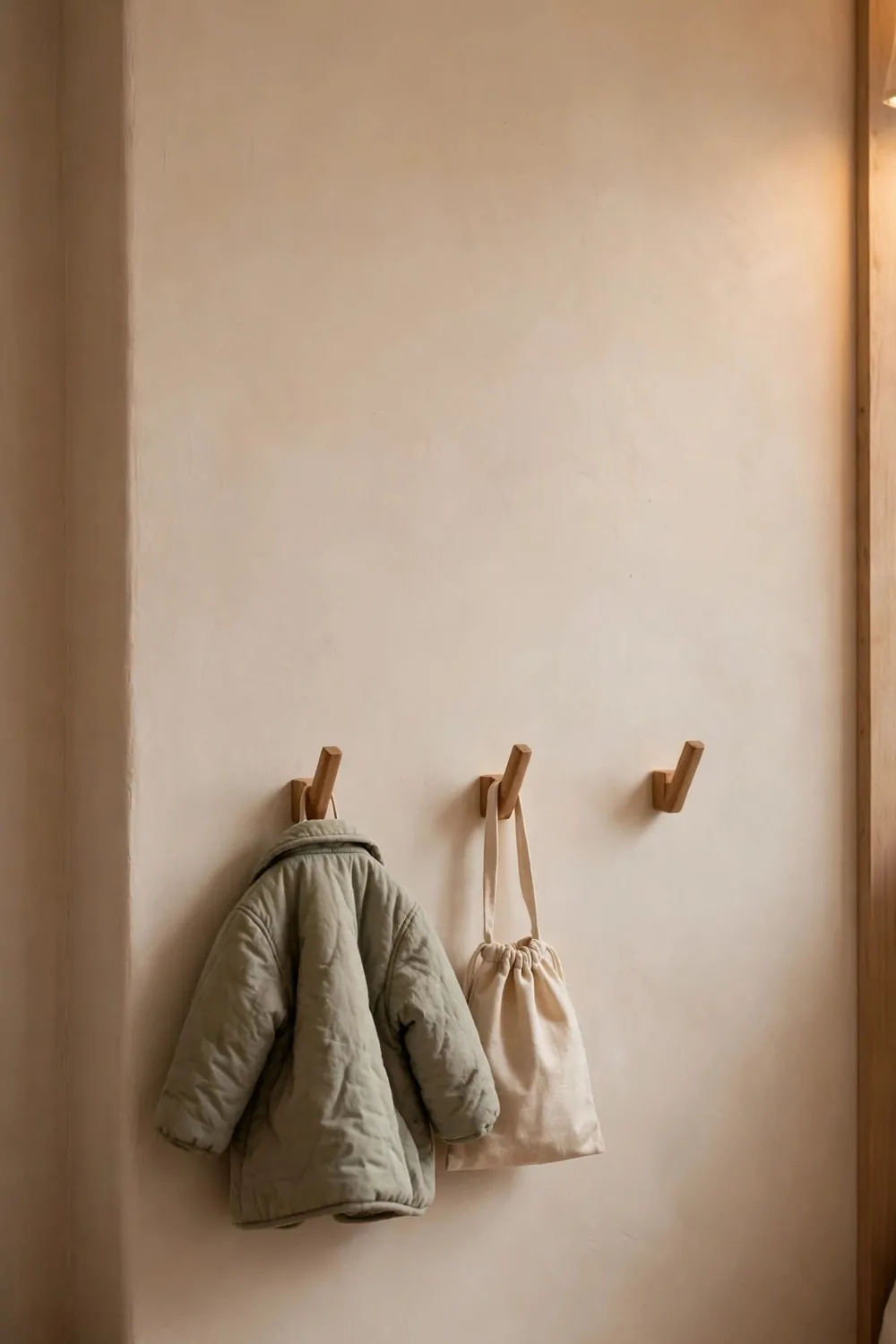 20 Kids Bedroom Ideas That Grow With Your Child 3 Low wooden hooks on a kids bedroom wall holding a small coat and bag, warm light