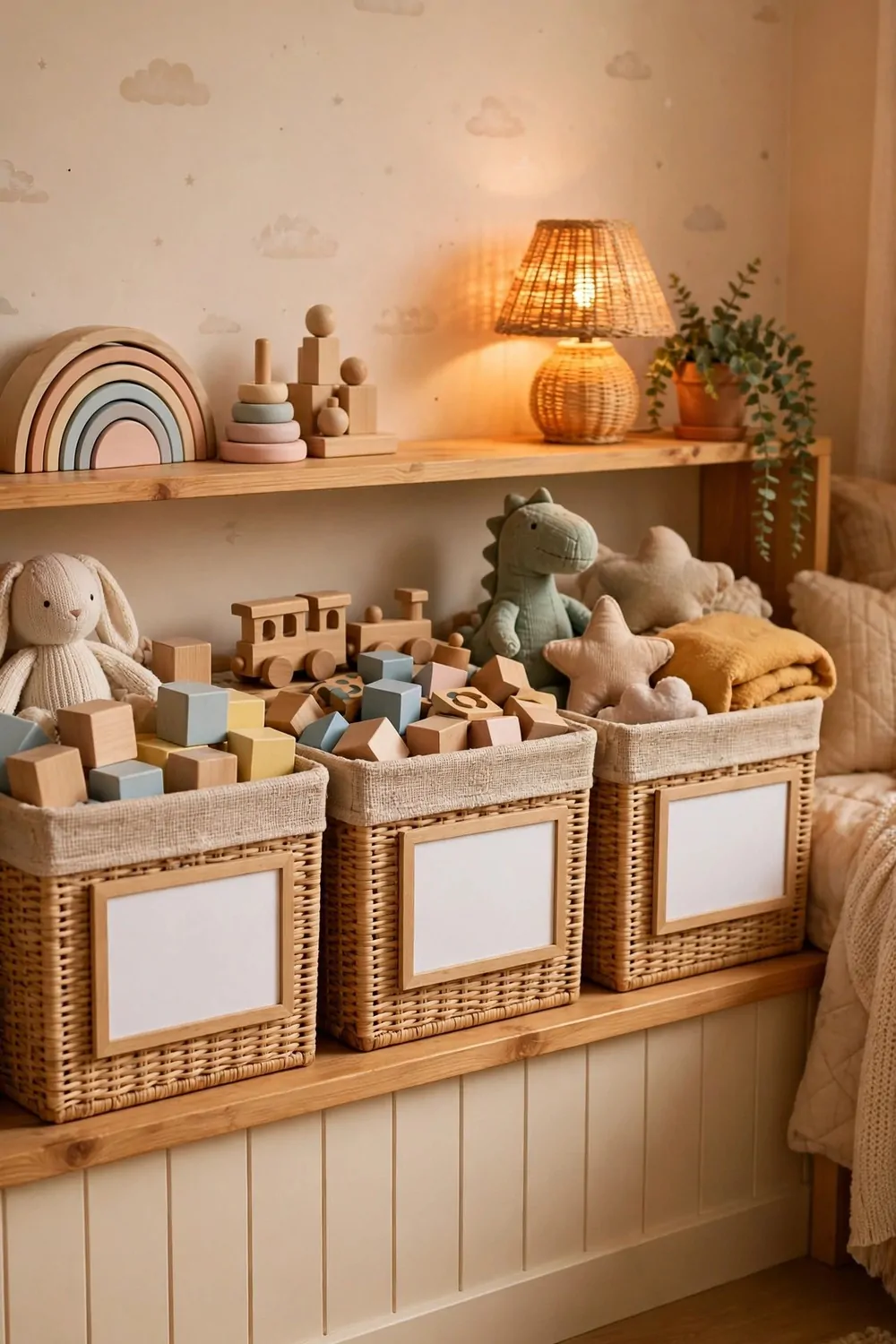 20 Kids Bedroom Ideas That Grow With Your Child 4 Open toy bins with blank picture cards on the front, on a low shelf in a kids bedroom, warm light