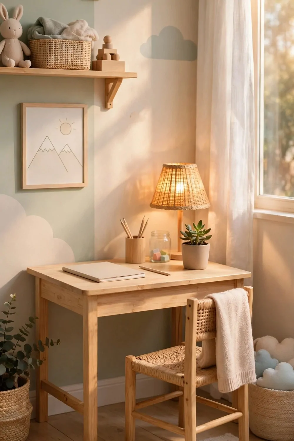 20 Kids Bedroom Ideas That Grow With Your Child 5 A small wooden desk with a chair in a bright kids bedroom, warm light, tidy homework spot
