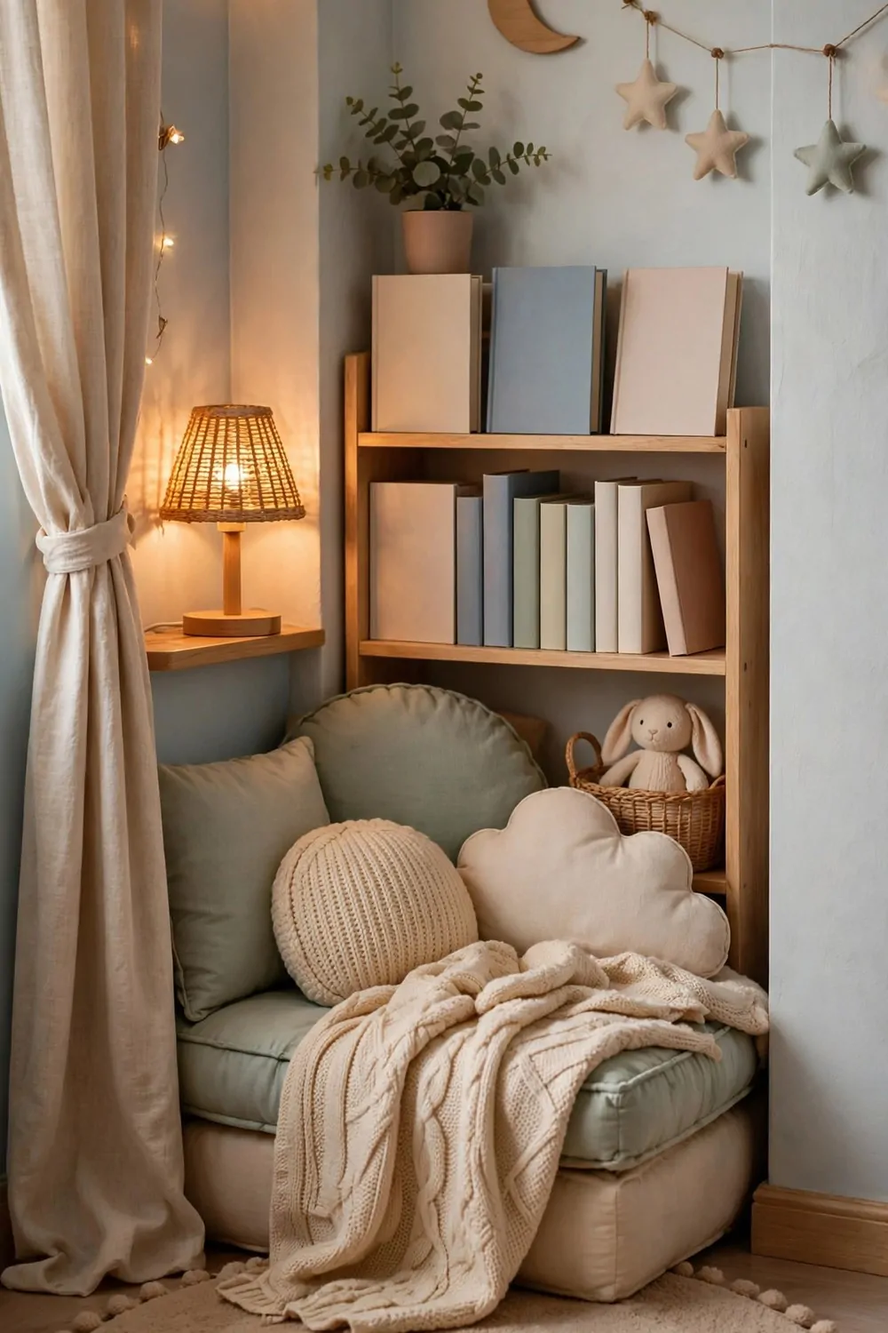 20 Kids Bedroom Ideas That Grow With Your Child 6 A cozy reading nook with soft cushions and a small bookshelf in a kids bedroom corner, warm light