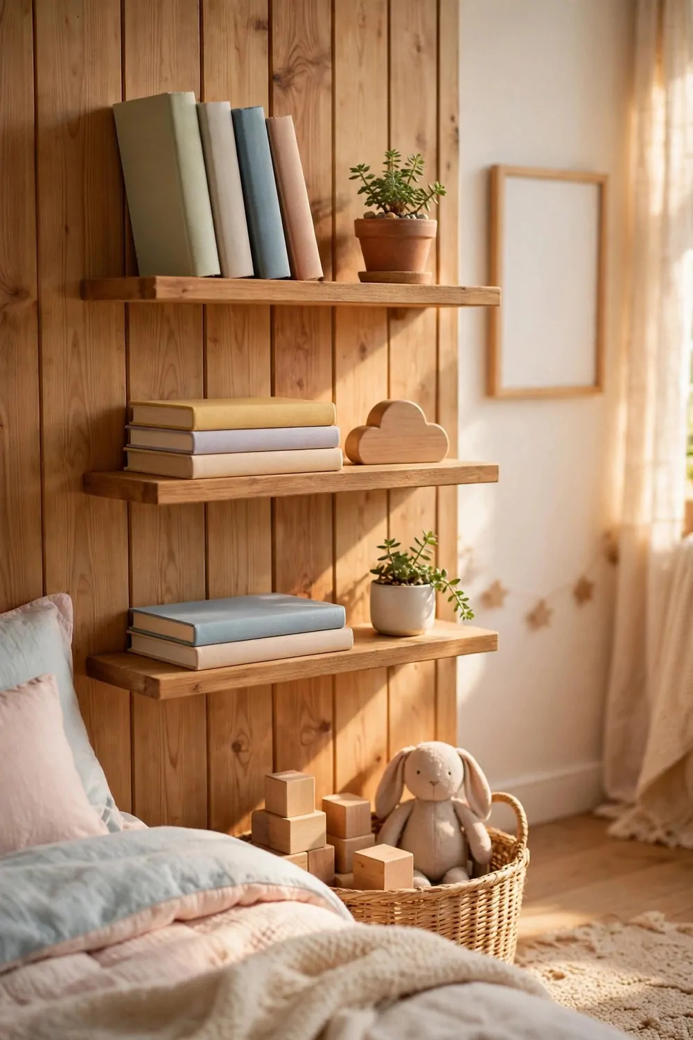 20 Kids Bedroom Ideas That Grow With Your Child 7 Wooden wall shelves with books and a small plant in a bright kids bedroom, warm light