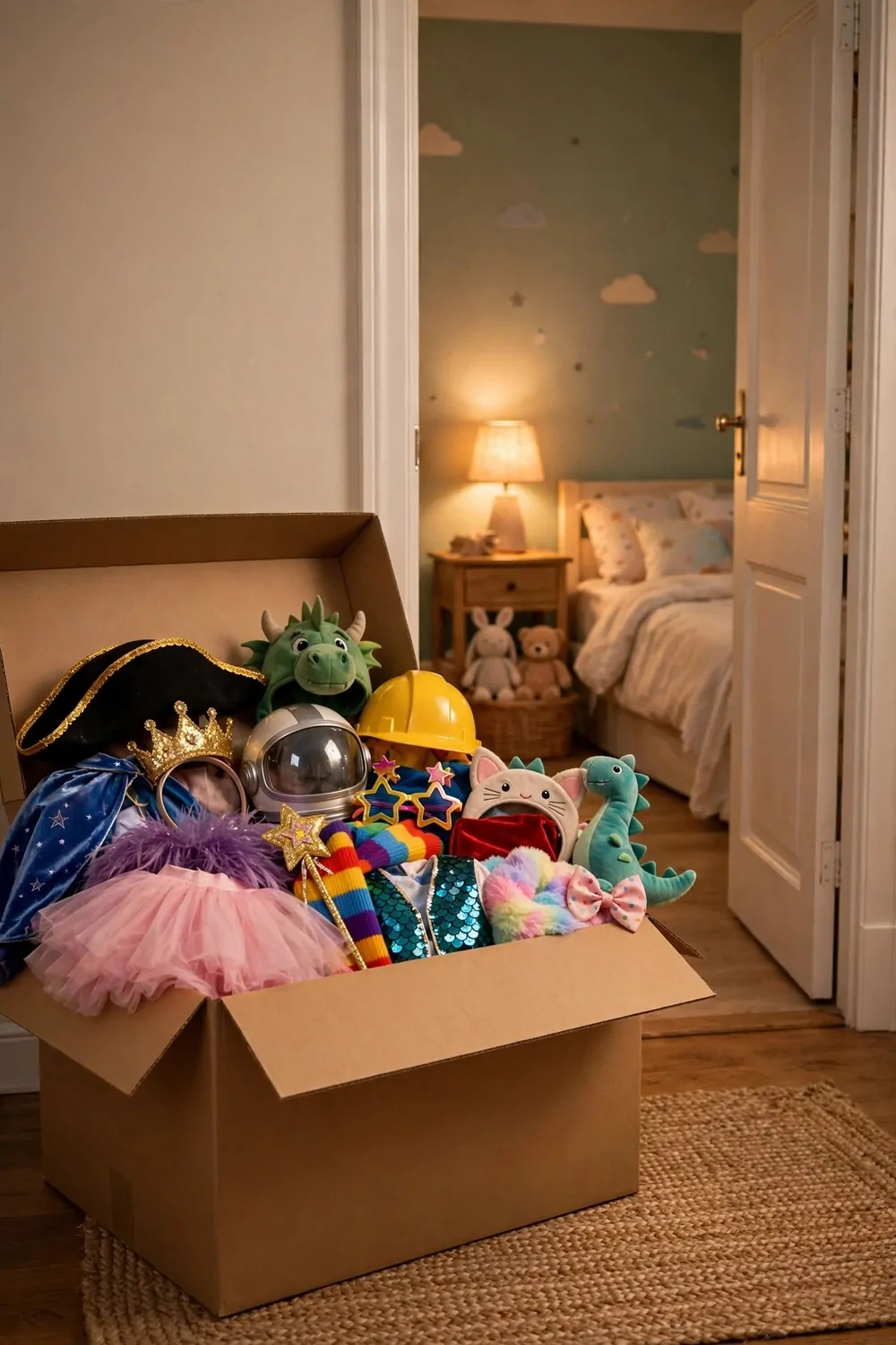 20 Kids Bedroom Ideas That Grow With Your Child 8 A big open box of dress up clothes by a kids bedroom door, warm light, tidy and fun