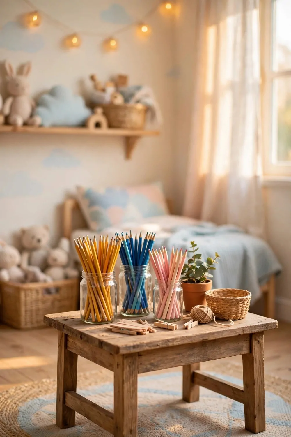 20 Kids Bedroom Ideas That Grow With Your Child 9 A small wooden craft table with jars of pencils in a bright kids bedroom, warm light
