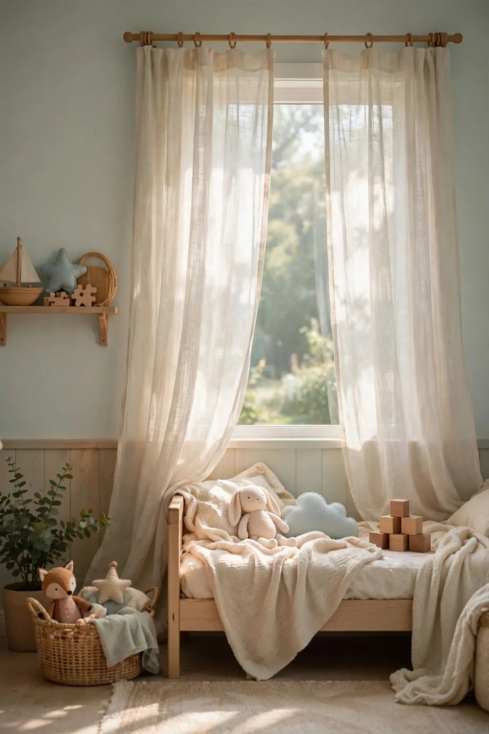 20 Kids Bedroom Ideas That Grow With Your Child 10 Light curtains on a window in a bright kids bedroom, soft morning light, cozy and calm