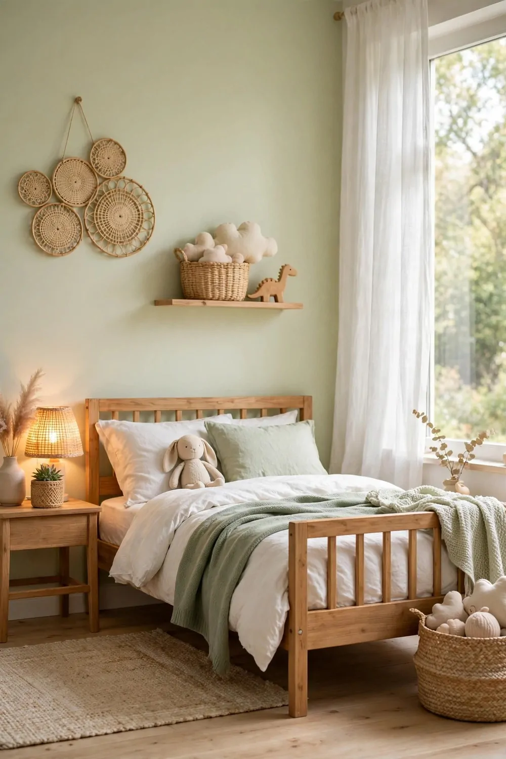 20 Kids Bedroom Ideas That Grow With Your Child 11 A soft pale green wall in a bright kids bedroom with a wooden bed, warm light, calm and fresh