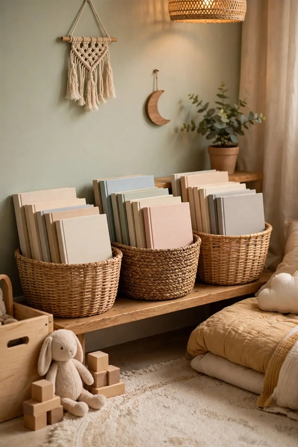 20 Kids Bedroom Ideas That Grow With Your Child 12 Woven baskets of books on a low shelf in a kids bedroom, warm light, tidy and cozy