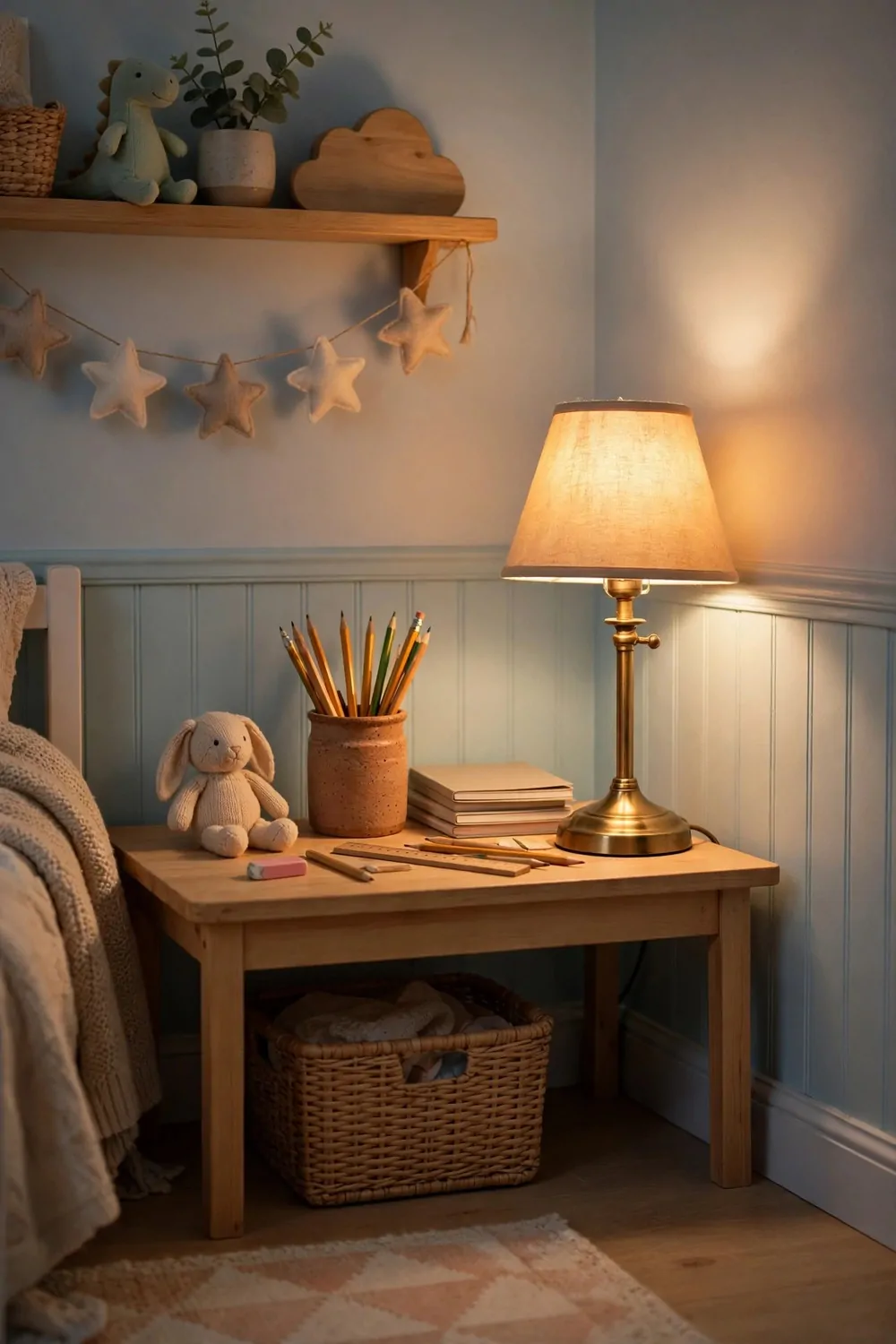 20 Kids Bedroom Ideas That Grow With Your Child 13 A small homework corner with a lamp and pencil pot in a kids bedroom, warm light