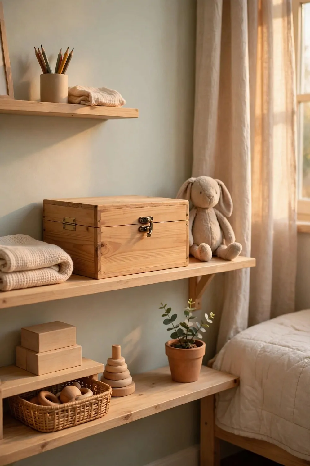 20 Kids Bedroom Ideas That Grow With Your Child 14 A wooden memory box on a shelf in a kids bedroom, warm light, tidy and calm