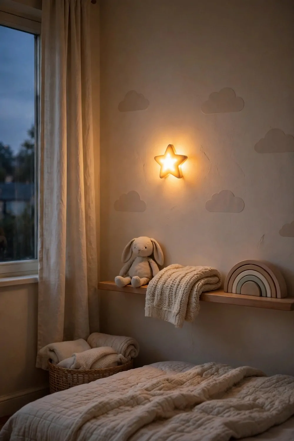 20 Kids Bedroom Ideas That Grow With Your Child 15 A small star night light glowing on a kids bedroom wall at dusk, soft warm light