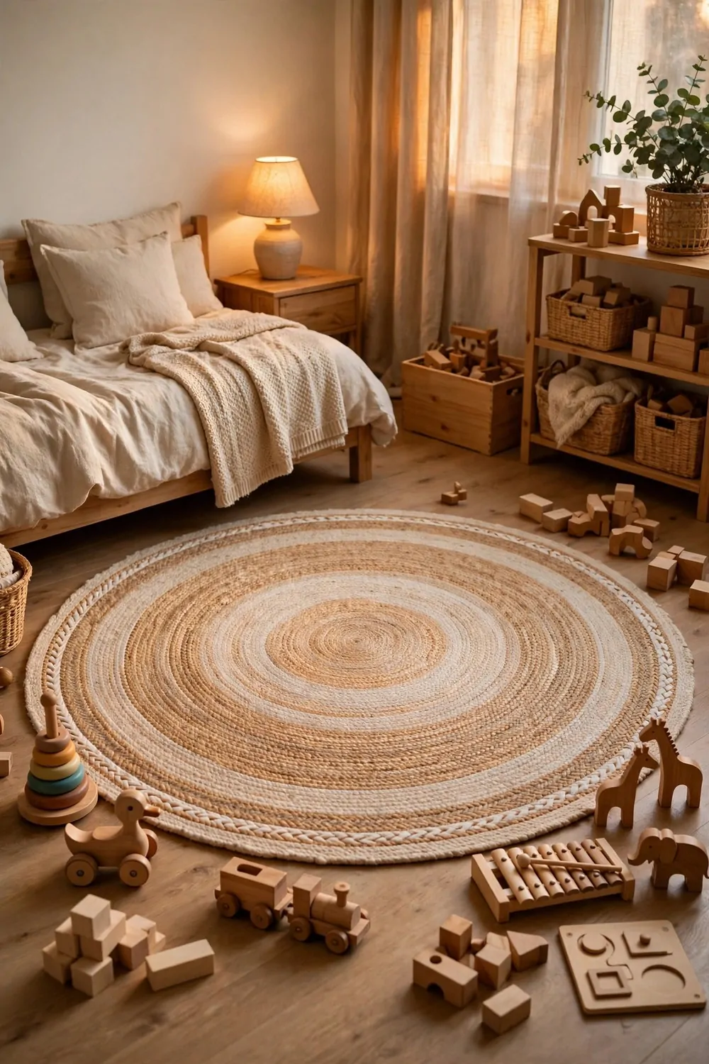 20 Kids Bedroom Ideas That Grow With Your Child 16 A big round rug in the middle of a kids bedroom floor with wooden toys, warm light