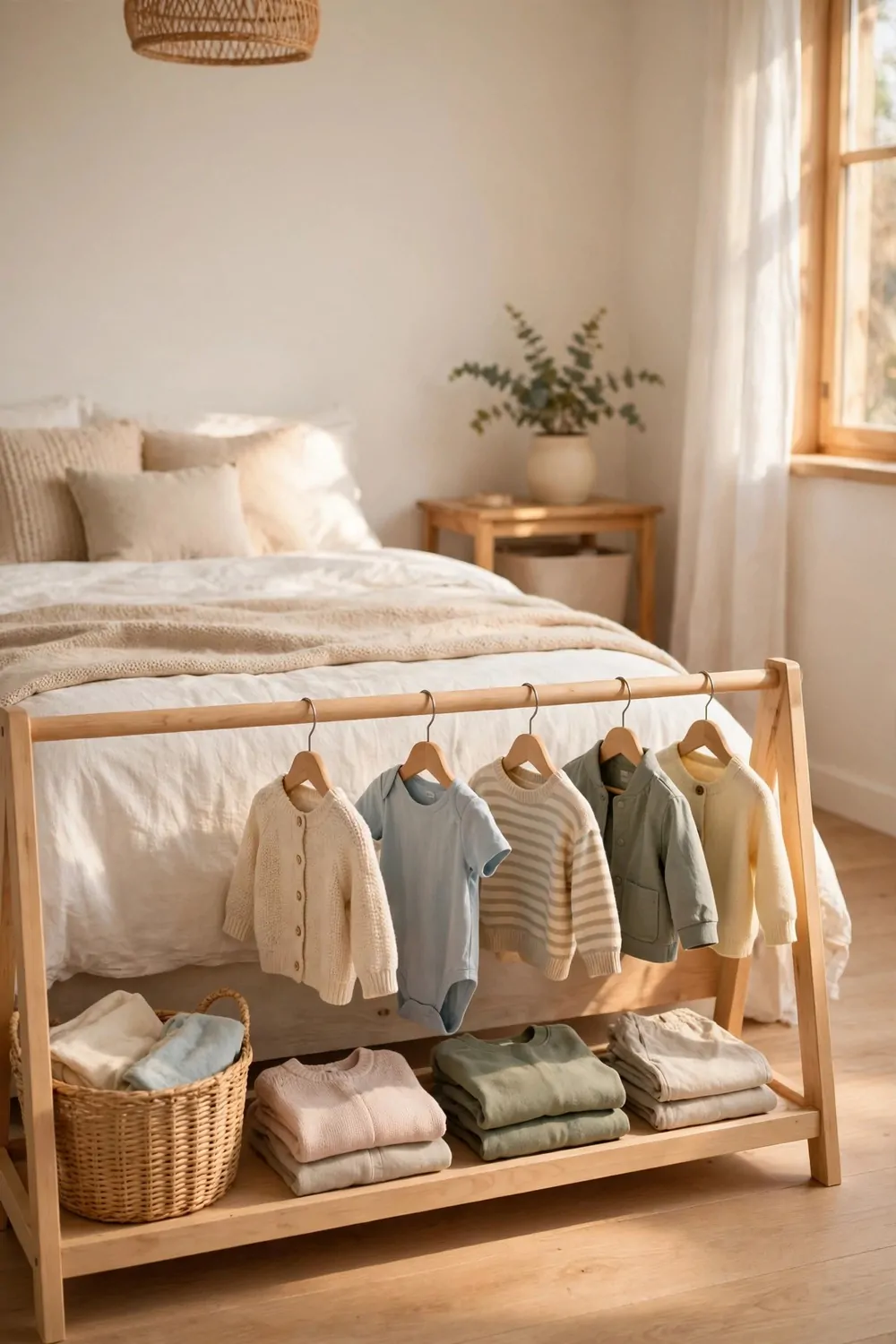 20 Kids Bedroom Ideas That Grow With Your Child 17 A low clothes rail with small kids clothes in a bright bedroom, warm light, tidy
