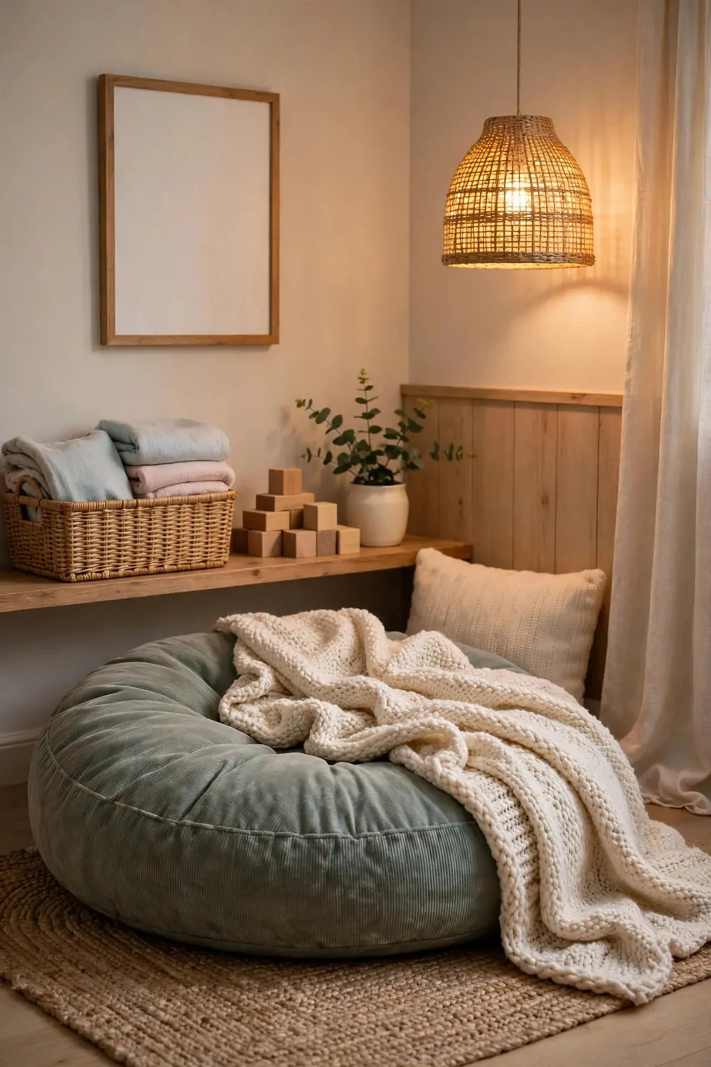 20 Kids Bedroom Ideas That Grow With Your Child 18 A cozy quiet corner with a big cushion and soft blanket in a kids bedroom, warm light