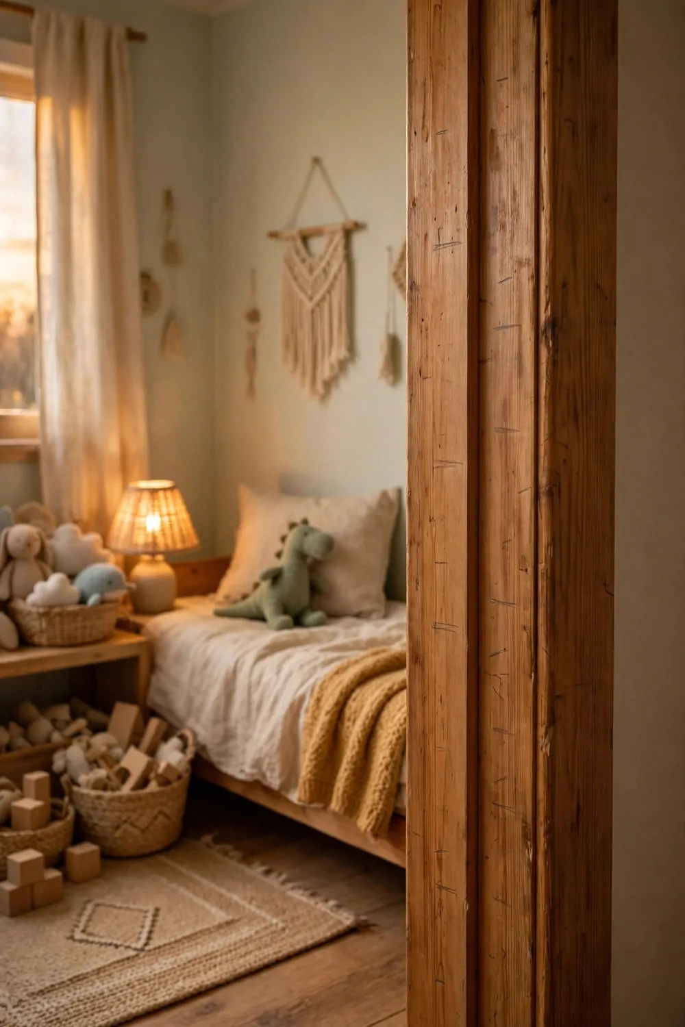 20 Kids Bedroom Ideas That Grow With Your Child 19 A wooden door frame with small pencil marks showing a child's height, warm light, kids bedroom